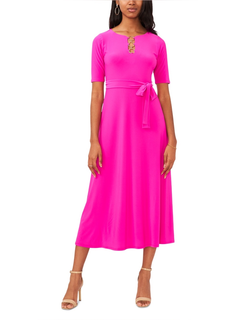 Three Ring Keyhole Neck Belted Midi Dress